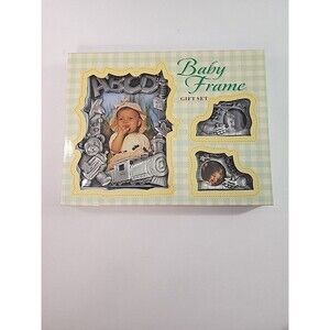 Baby Photo Frames Gift Set of 3 Brushed Silver Metal Newborn Nursery Décor Train